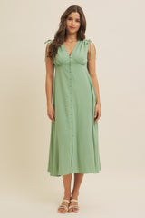 Green Button-Down Polka Dot Shirred Bow Midi Dress