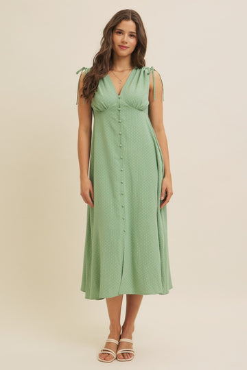 Green Button-Down Polka Dot Shirred Bow Midi Dress