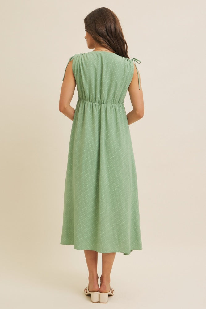 Green Button-Down Polka Dot Shirred Bow Midi Dress