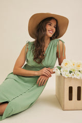 Green Button-Down Polka Dot Shirred Bow Midi Dress