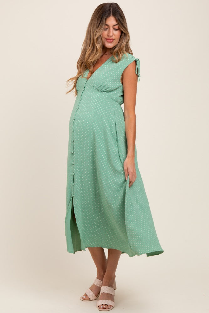 Green Button-Down Polka Dot Shirred Bow Maternity Midi Dress