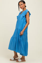 Blue Ruffle Sleeve Tiered Midi Dress