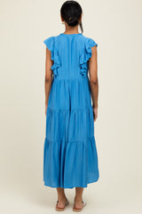 Blue Ruffle Sleeve Tiered Midi Dress