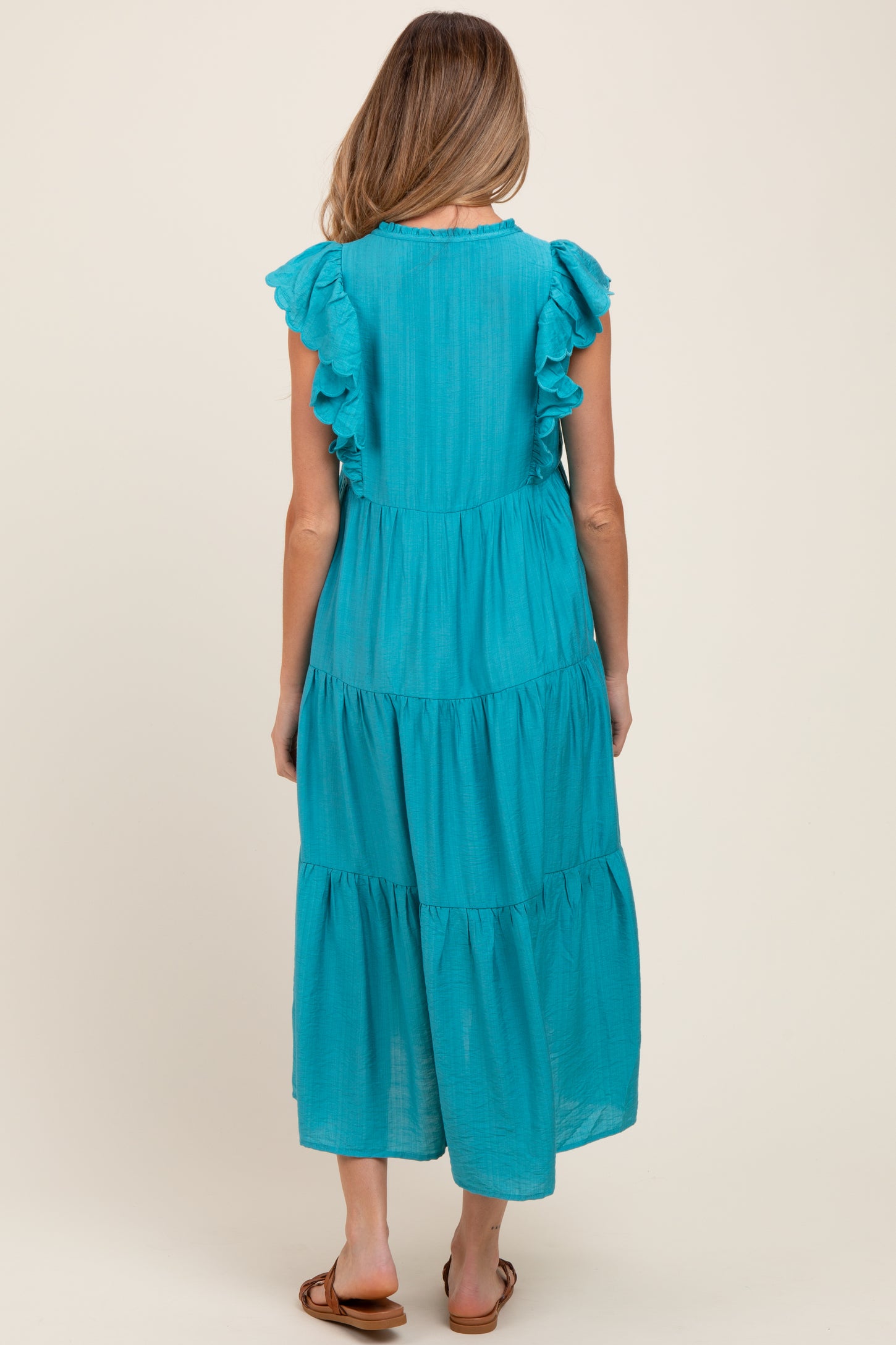 Aqua Ruffle Sleeve Tiered Maternity Midi Dress