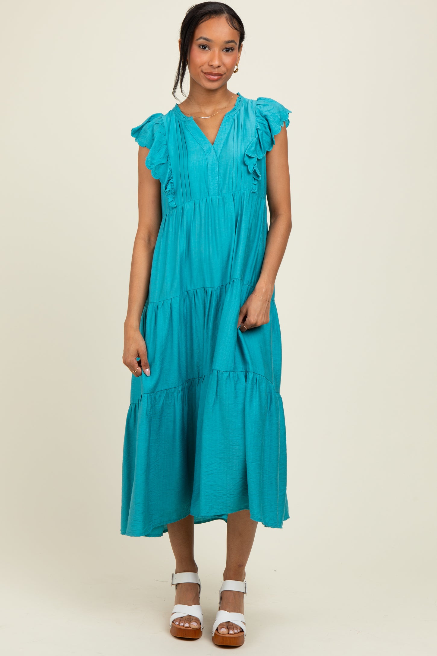 Aqua Ruffle Sleeve Tiered Midi Dress
