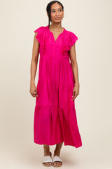 Fuchsia Ruffle Sleeve Tiered Midi Dress