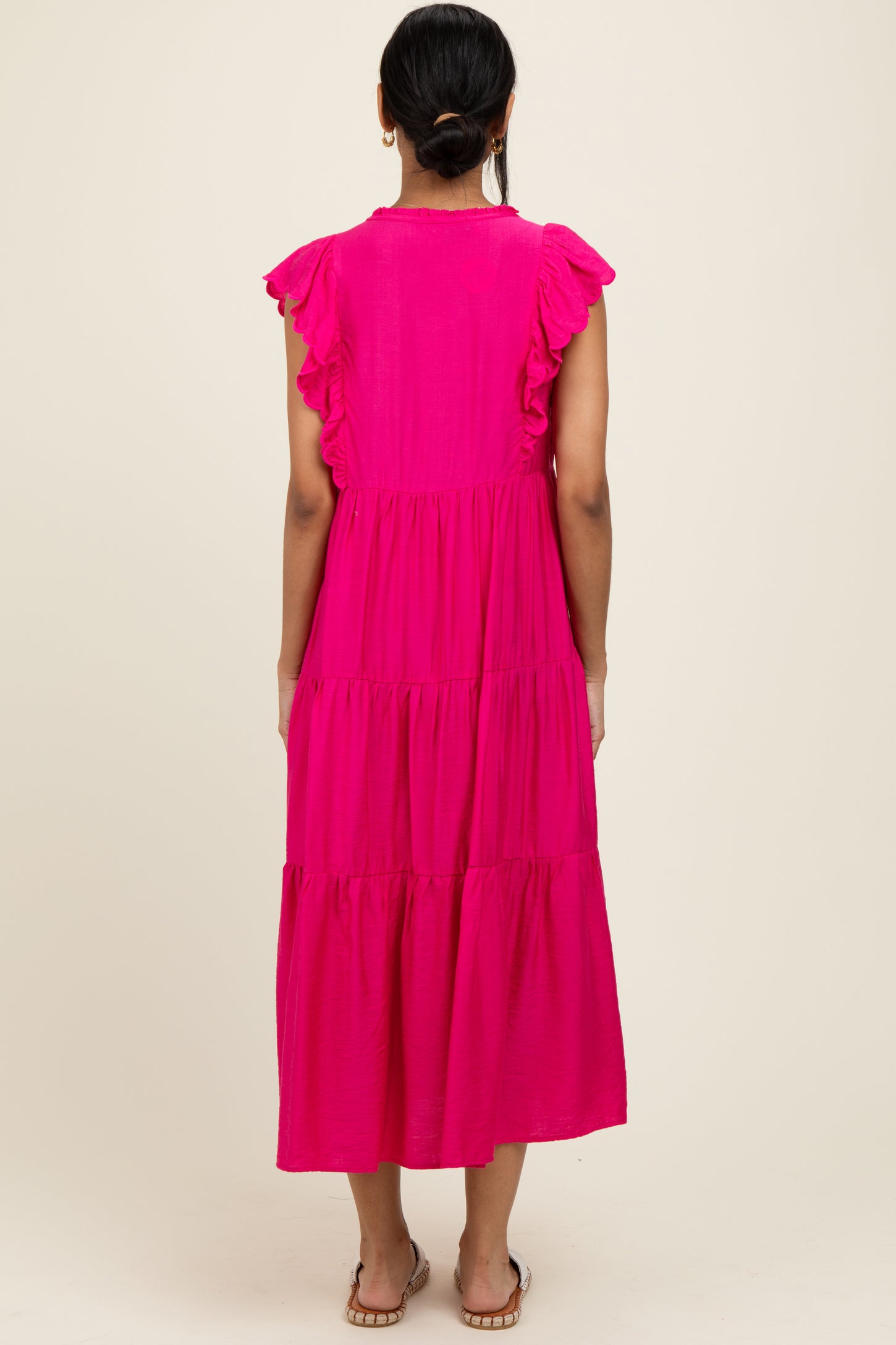 Fuchsia Ruffle Sleeve Tiered Midi Dress