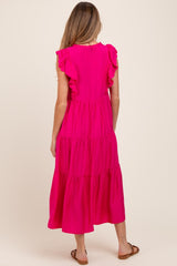 Fuchsia Ruffle Sleeve Tiered Maternity Midi Dress