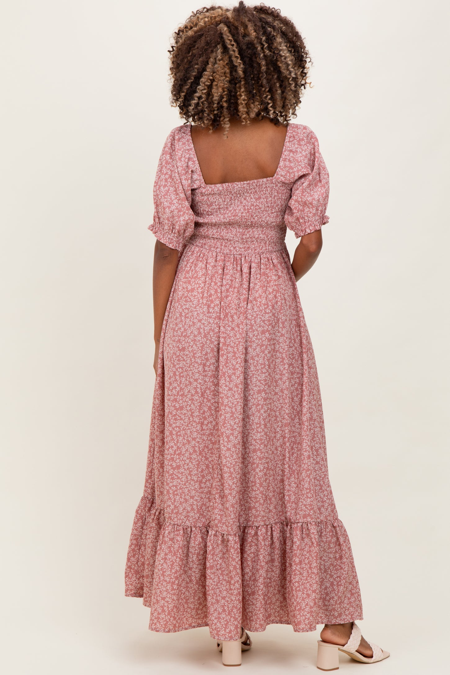 Mauve Floral Lace Trim Smocked Maternity Maxi Dress