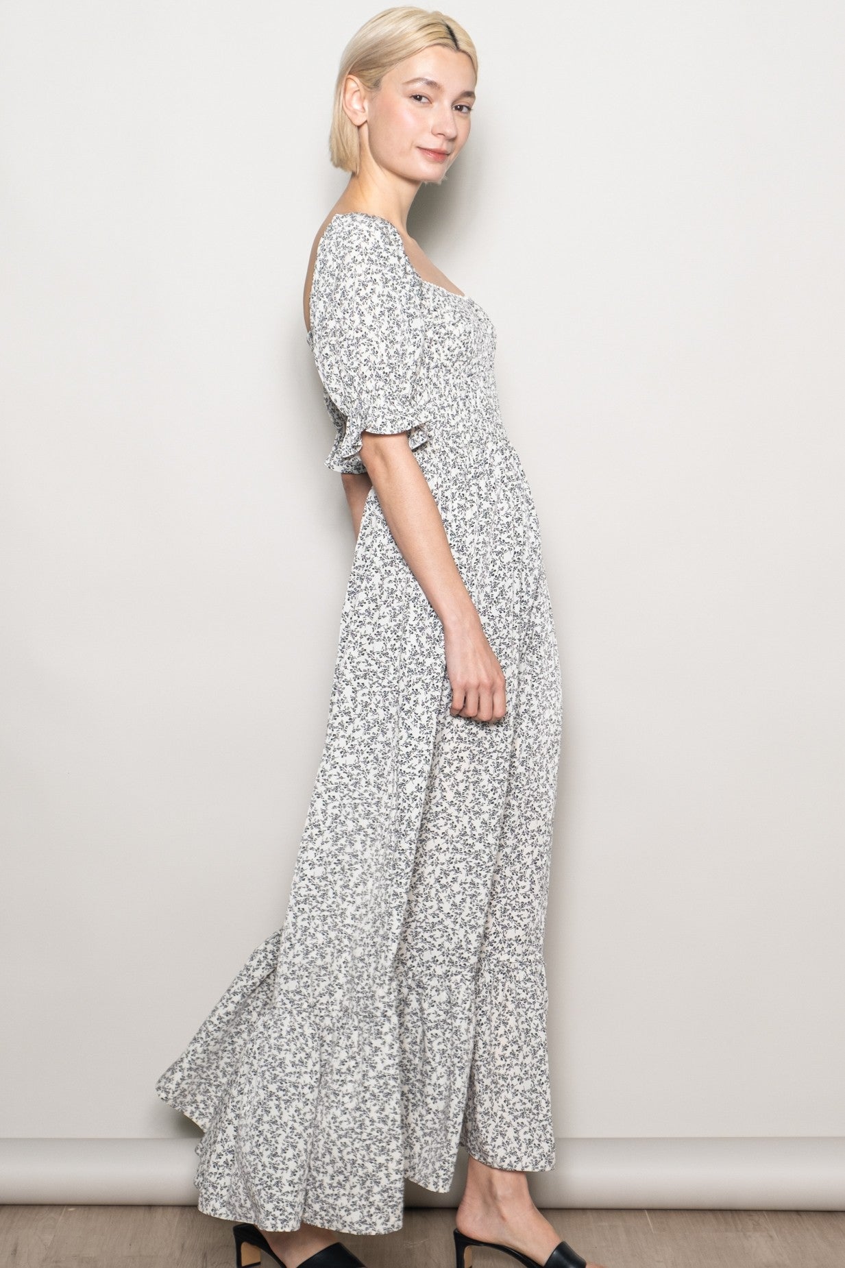 Ivory Floral Lace Trim Smocked Maxi Dress