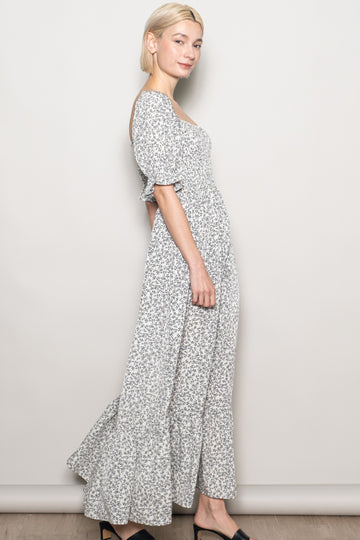 Ivory Floral Lace Trim Smocked Maxi Dress