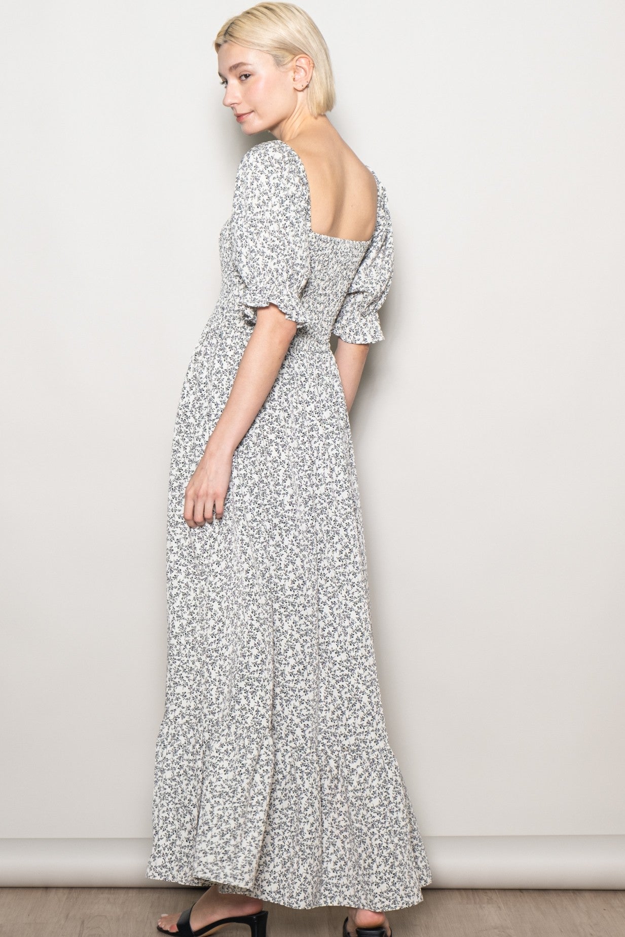 Ivory Floral Lace Trim Smocked Maxi Dress