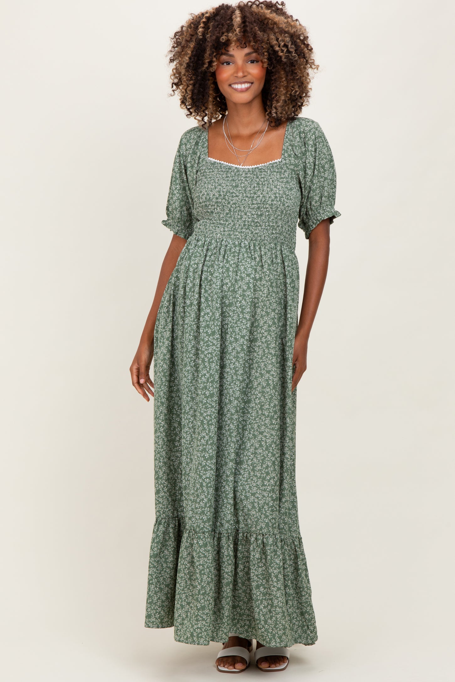 Light Olive Floral Lace Trim Smocked Maternity Maxi Dress