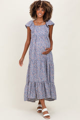 Blue Floral Ruffle Sleeve Maternity Maxi Dress