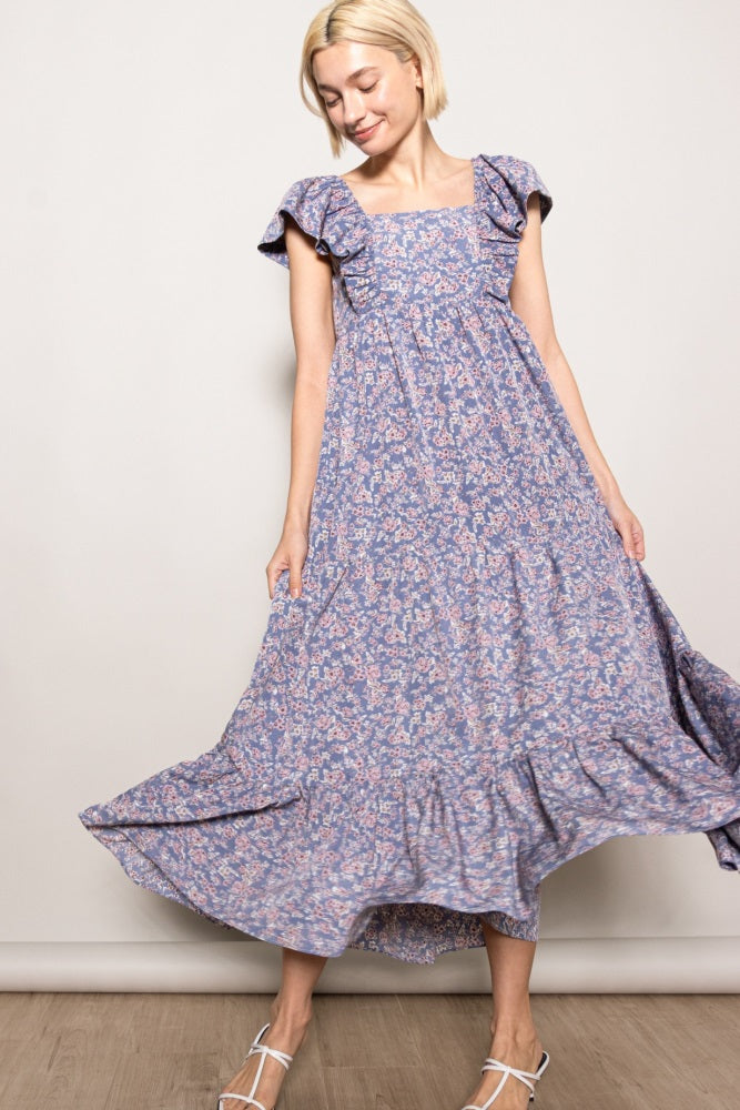 Blue Floral Ruffle Sleeve Maxi Dress