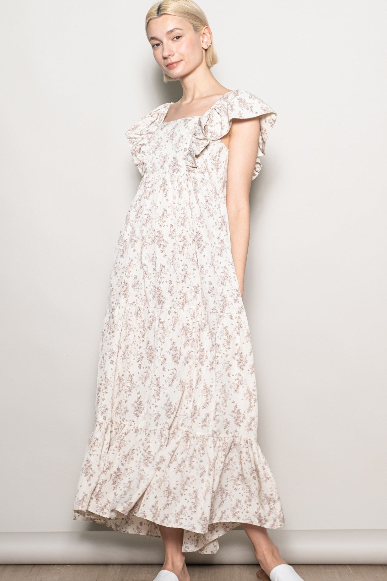 Ivory Floral Ruffle Sleeve Maternity Maxi Dress