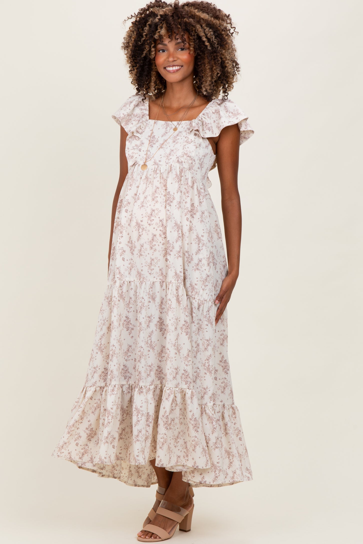 Ivory Floral Ruffle Sleeve Maternity Maxi Dress