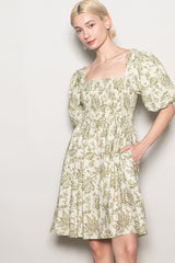 Olive Floral Smocked Puff Sleeve Dress