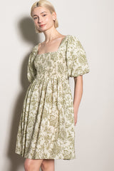Olive Floral Smocked Puff Sleeve Dress