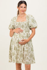 Olive Floral Smocked Puff Sleeve Maternity Dress