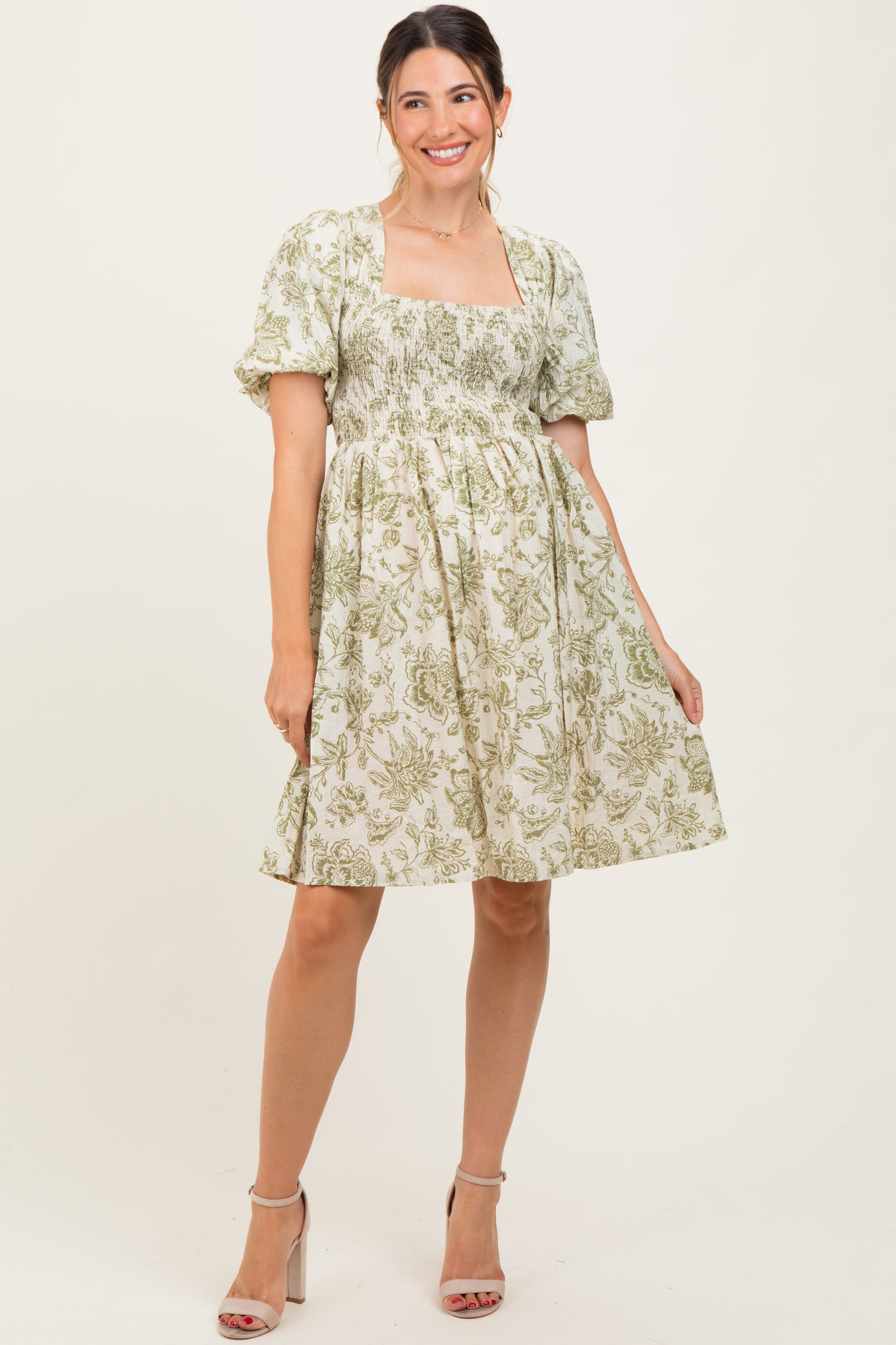 Olive Floral Smocked Puff Sleeve Maternity Dress