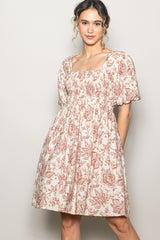 Rust Floral Smocked Puff Sleeve Dress