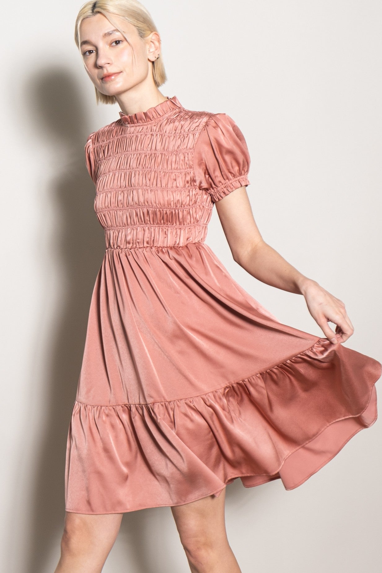 Mauve Satin Smocked Mock Neck Dress