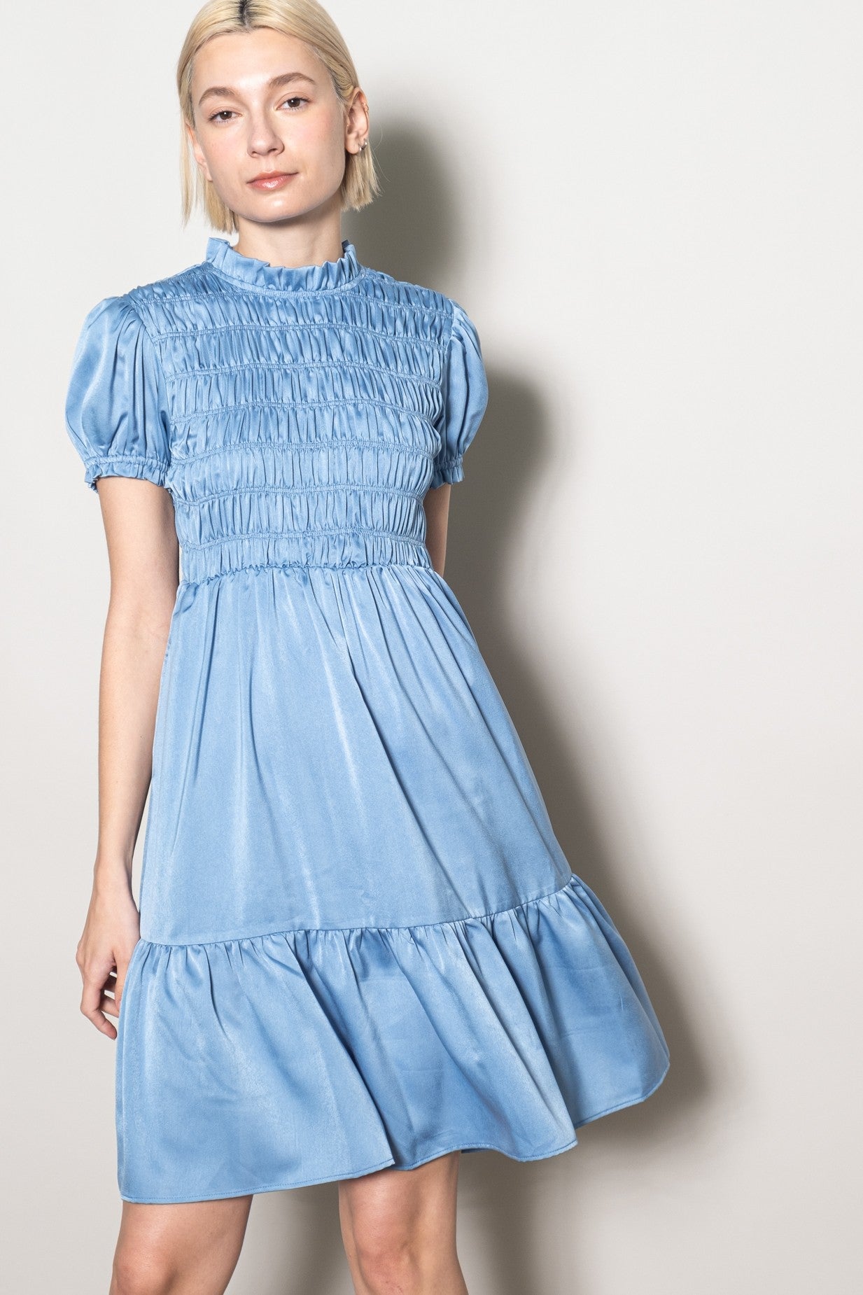 Light Blue Satin Smocked Mock Neck Maternity Dress