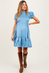 Light Blue Satin Smocked Mock Neck Maternity Dress