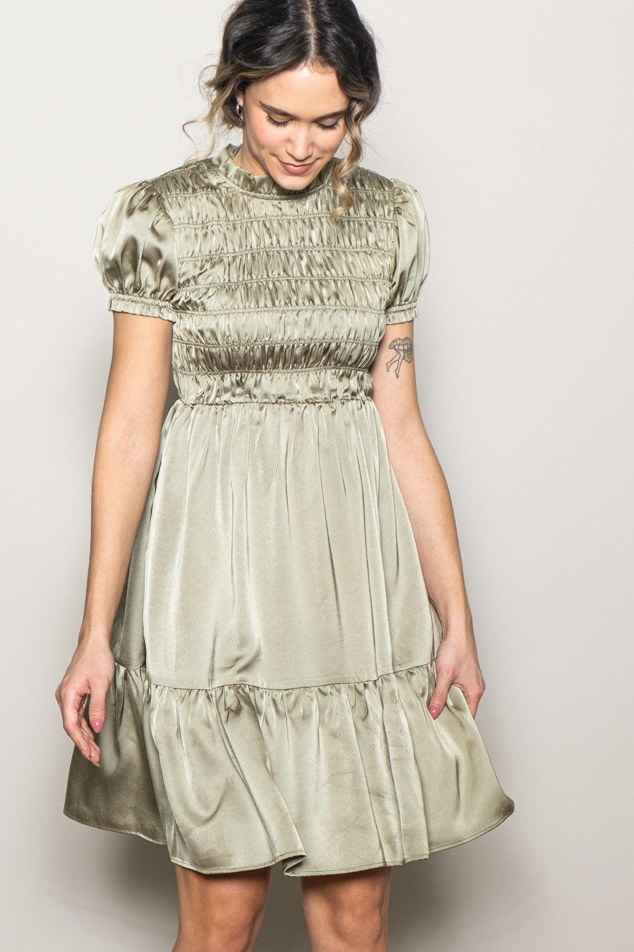 Light Olive Satin Smocked Mock Neck Dress
