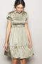 Light Olive Satin Smocked Mock Neck Dress