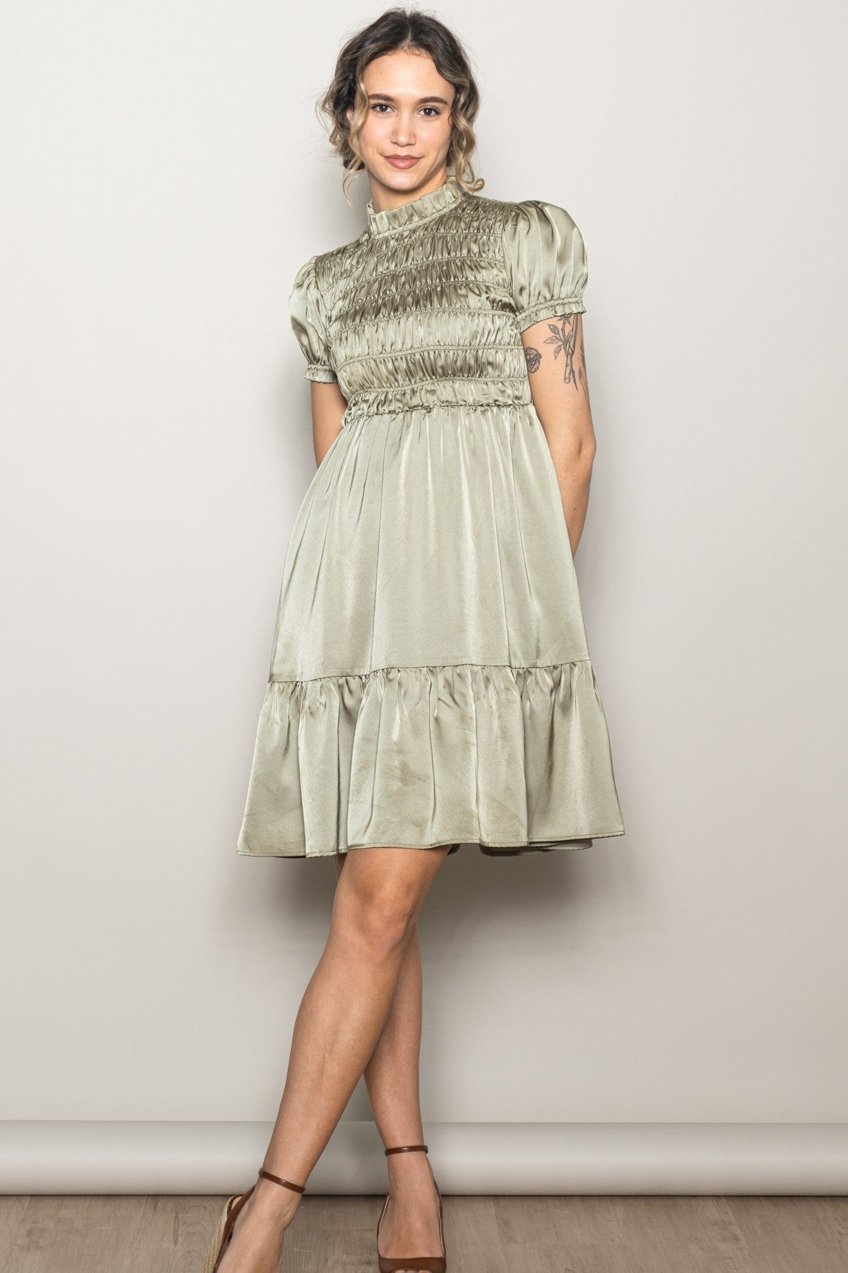 Light Olive Satin Smocked Mock Neck Dress
