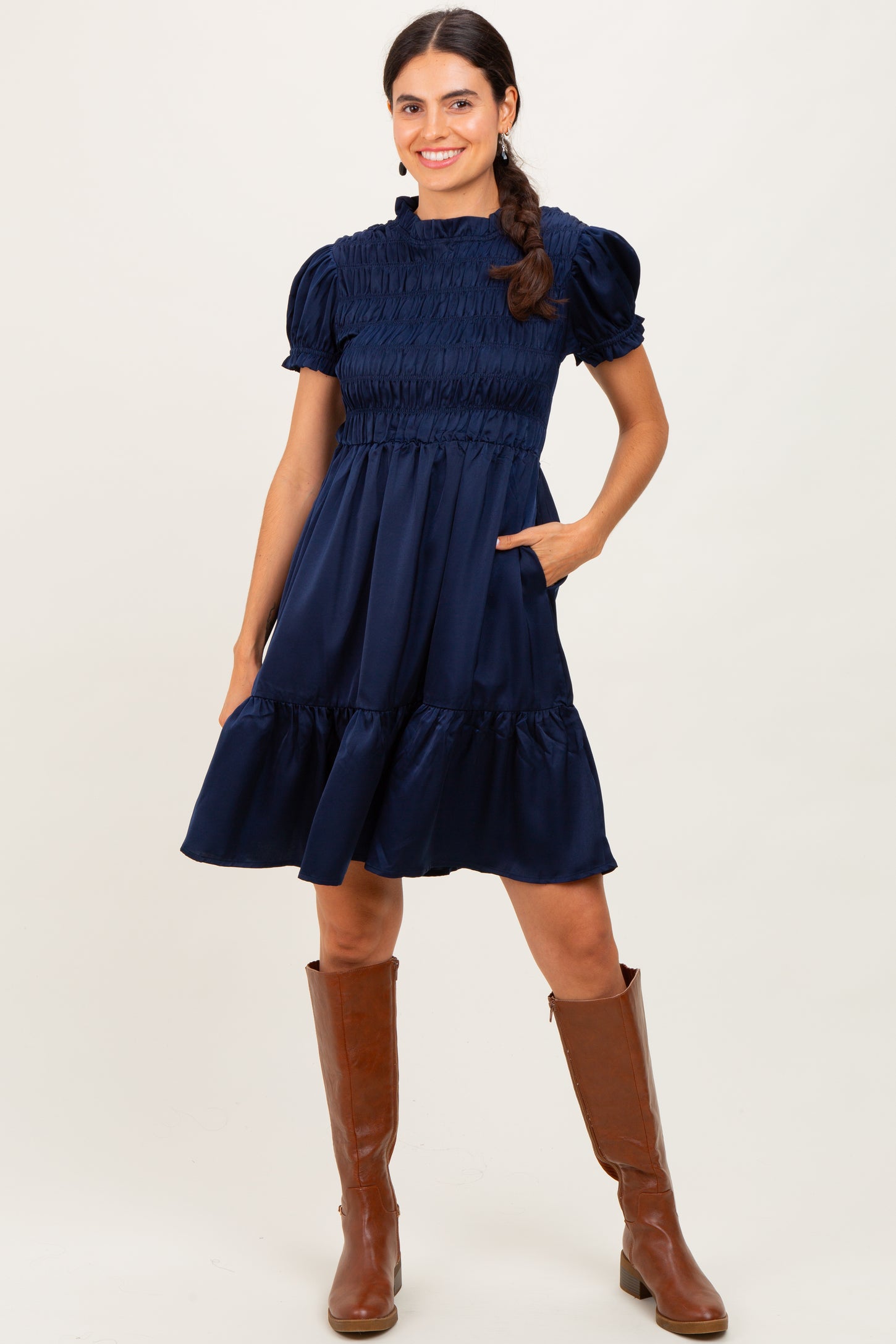 Navy Satin Smocked Mock Neck Maternity Dress