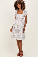 Ivory Floral Pleated Bodice Puff Sleeve Maternity Dress