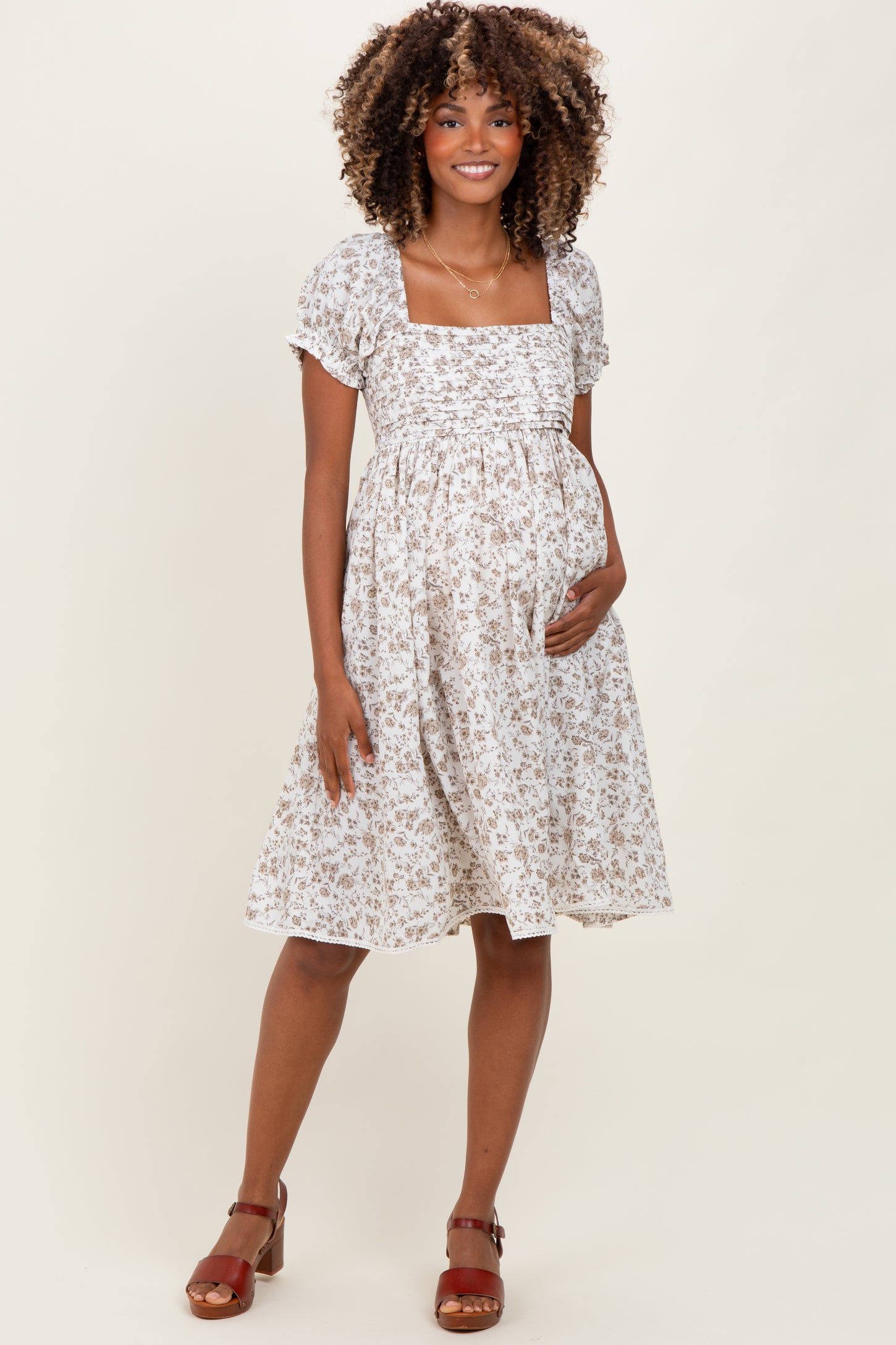 Ivory Floral Pleated Bodice Puff Sleeve Maternity Dress
