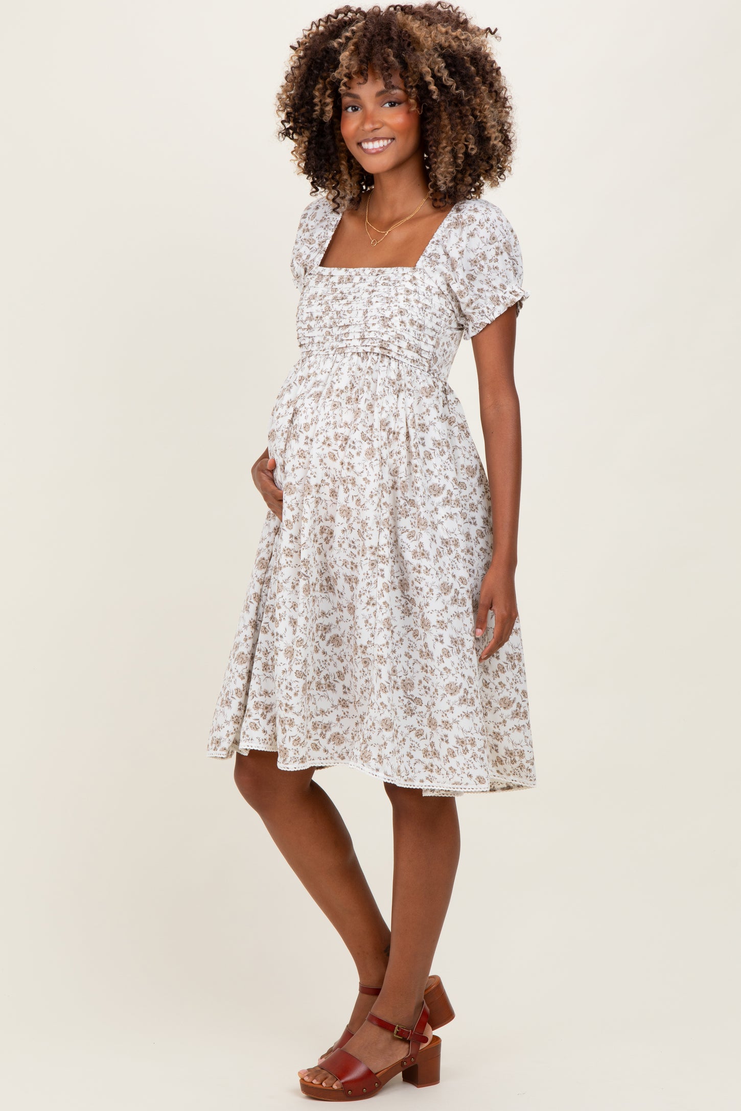 Ivory Floral Pleated Bodice Puff Sleeve Maternity Dress