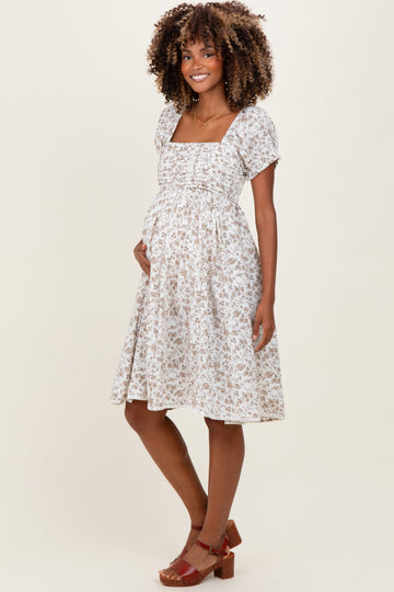 Ivory Floral Pleated Bodice Puff Sleeve Maternity Dress