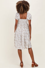 Ivory Floral Pleated Bodice Puff Sleeve Maternity Dress