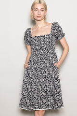 Black Floral Pleated Bodice Puff Sleeve Dress