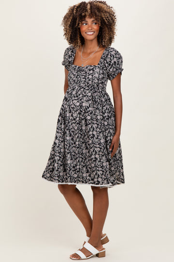 Black Floral Pleated Bodice Puff Sleeve Maternity Dress