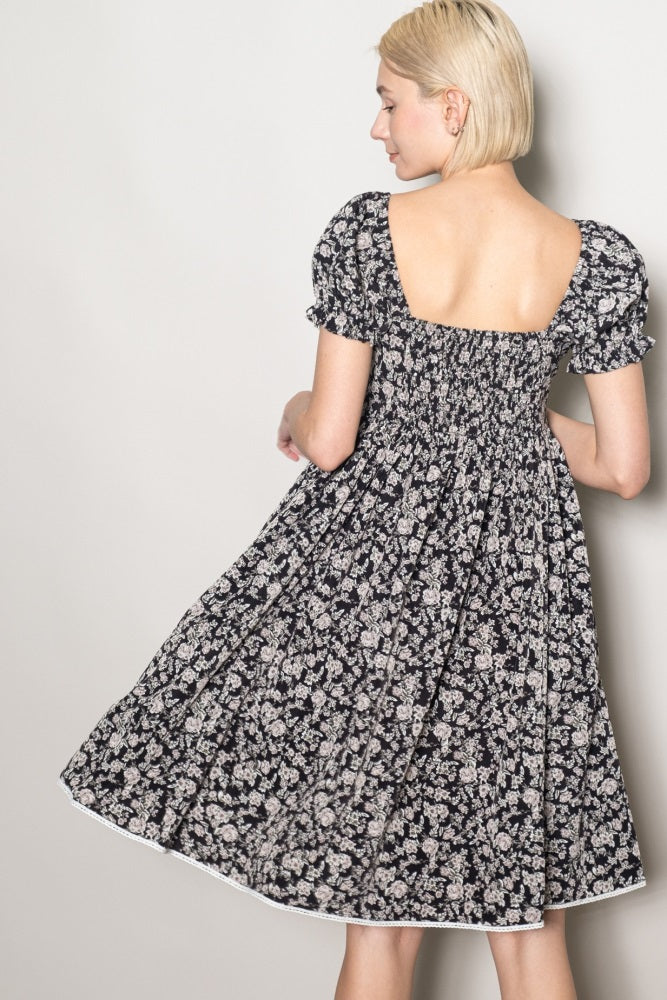 Black Floral Pleated Bodice Puff Sleeve Dress