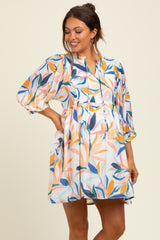 White Leaf Print Front Tie 3/4 Sleeve Maternity Dress