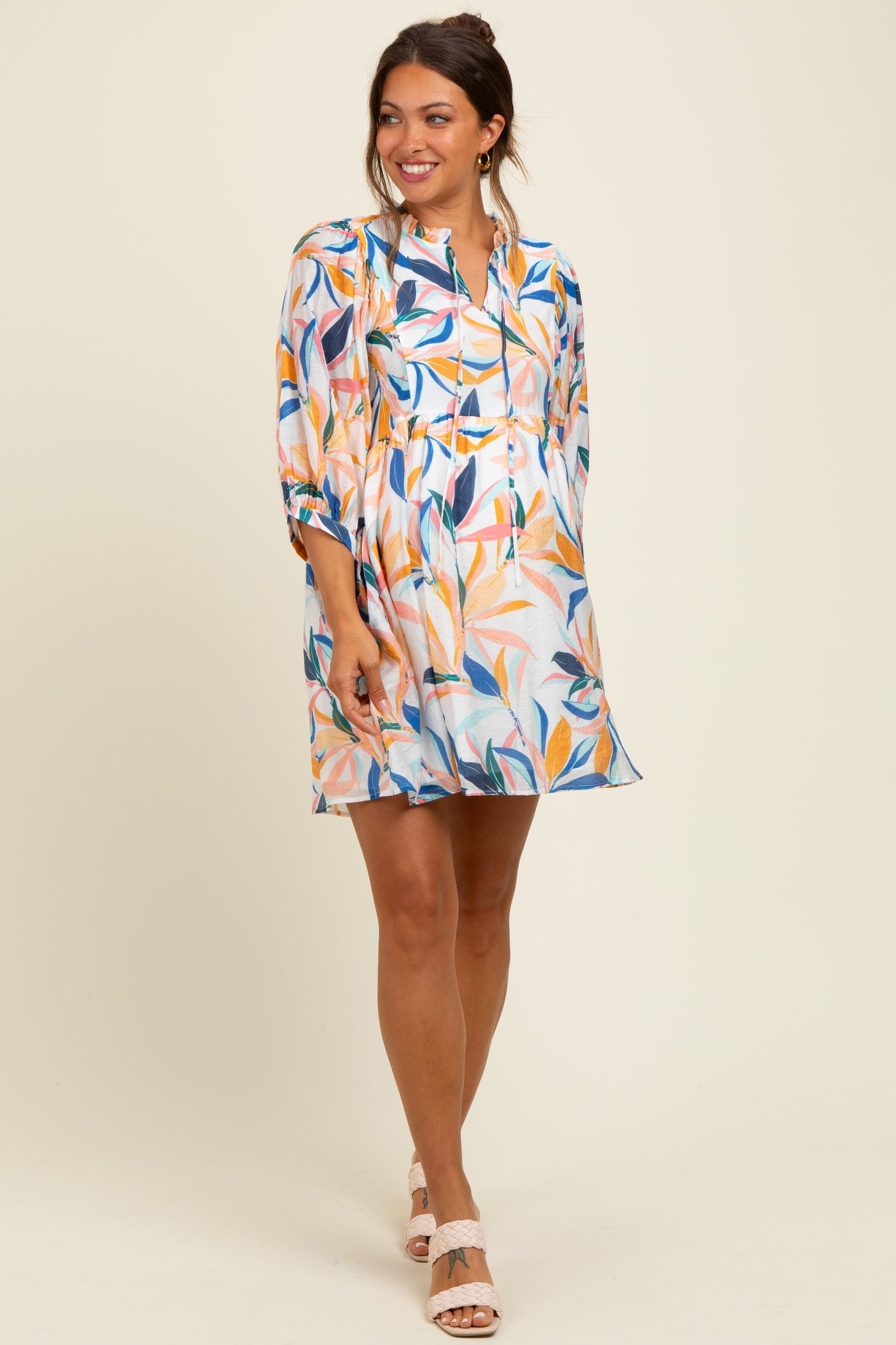 White Leaf Print Front Tie 3/4 Sleeve Maternity Dress