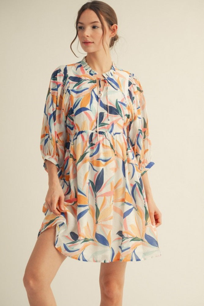 White Leaf Print Front Tie 3/4 Sleeve Dress