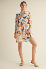 White Leaf Print Front Tie 3/4 Sleeve Dress