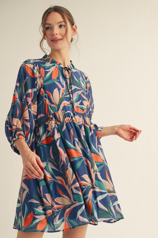 Navy Leaf Print Front Tie 3/4 Sleeve Maternity Dress