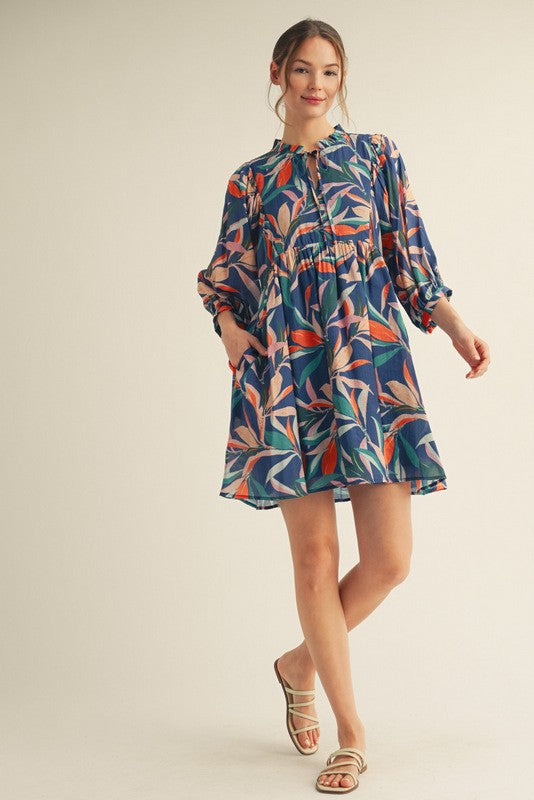 Navy Leaf Print Front Tie 3/4 Sleeve Maternity Dress