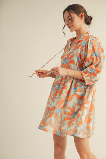Orange Abstract Floral Front Tie 3/4 Sleeve Dress
