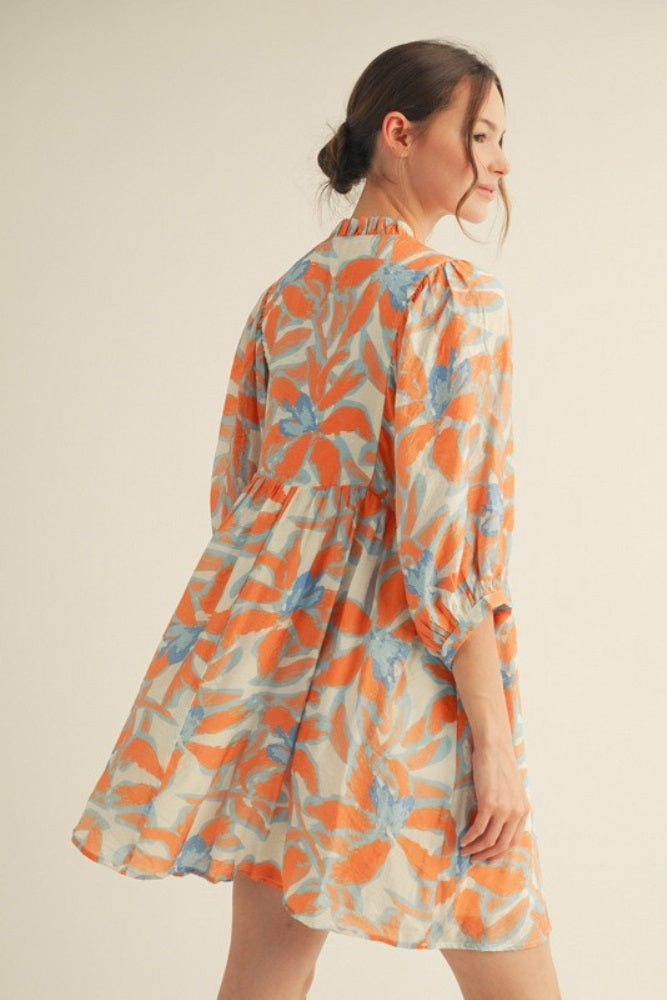 Orange Abstract Floral Front Tie 3/4 Sleeve Dress