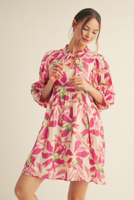 Fuchsia Abstract Floral Front Tie 3/4 Sleeve Maternity Dress
